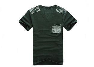 V Neck Short Sleeve Men's T Shirts With Pocket / Cotton Casual Boys Tee Shirts