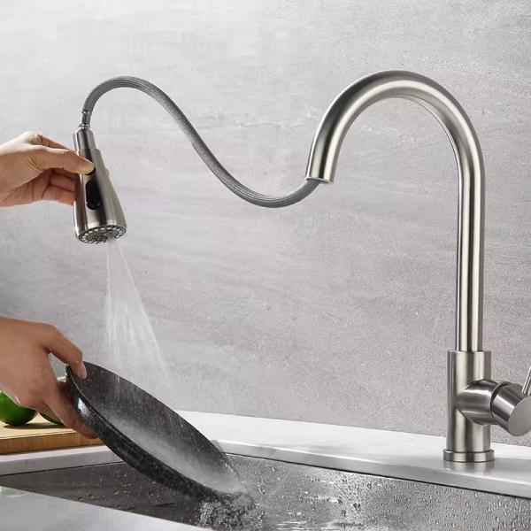 Silver Kitchen Sink Faucet with Pull Down Sprayer High Water Pressure Stainless Steel