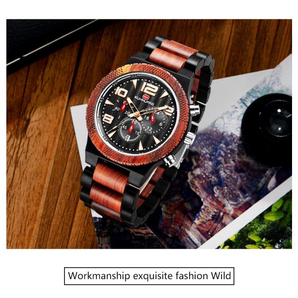 Man Black Dial Red And Black Sandel Wooden Quartz Watch Luminous Water Proof 1016-3