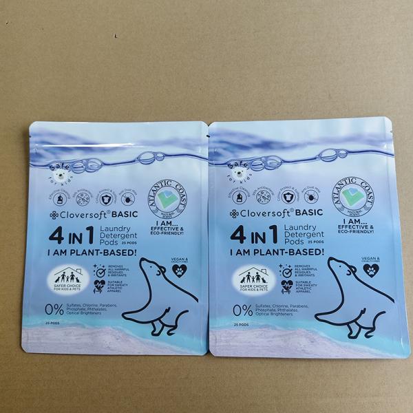 密閉およびカスタム印刷機能を備えた、洗濯洗剤ポッド包装用の耐薬品性スタンドアップパウチ。
