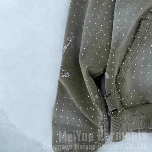 OEM ODM Service Custom Rhinestone Hoodie Streetwear Men Acid Washed 2 Way Zipper Hoodie