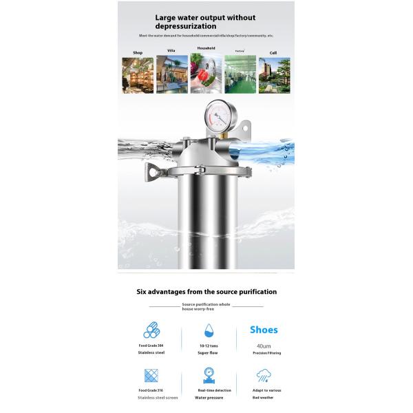 Filtre à eau en acier inoxydable 304 de qualité alimentaire, 40 microns, 10 tonnes, pour toute la maison