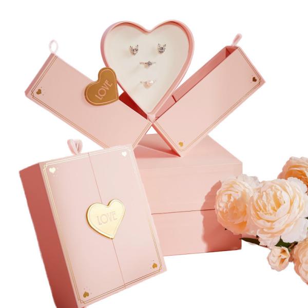 Joaillerie Anneau Collier Cadeau Rose Festival Boîtes cadeaux Emballage Double cœur Personnalisé