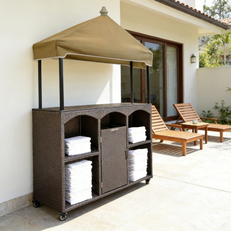 Best Selling Hotel Outdoor Pool Equipment Storage Plastic Rattan Pool Cabinet Towel Storage Poolside With Wheels