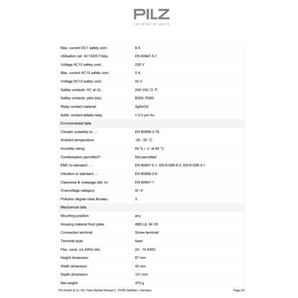 Pilz PNOZ X3 Emergency Stop Safety Relay With 24V Dc Supply Voltage 230V Ac Dual-Channel 3 Safety Contacts