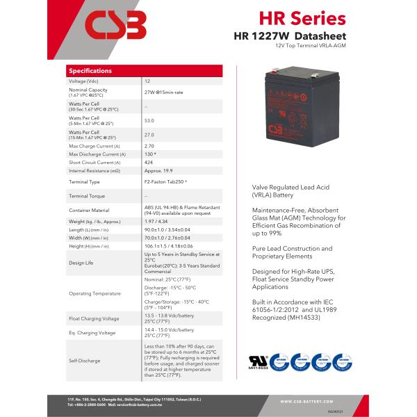 CSB Battery HR1227W 12V 27W Rechargeable Maintenance-Free Lead Acid AGM Battery