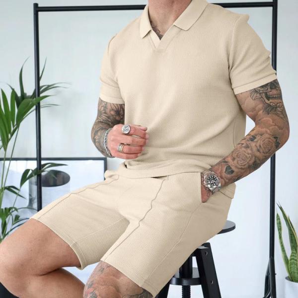 Traje de Verão 2024 personalizado para Homens T-shirt de Polo de cor sólida e shorts de waffle