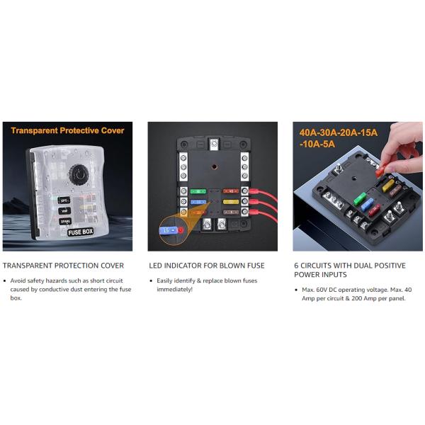 6 Way Fuse Distribution Block Car Boat Fuse Box Holder с предупреждающим индикатором и положительным вводом отрицательной шины