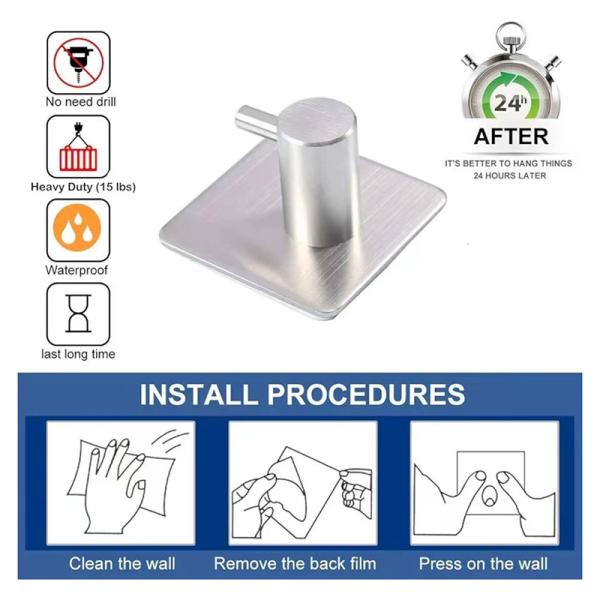 Durable and Waterproof Stainless Steel Adhesive Hooks for Bathroom and Kitchen