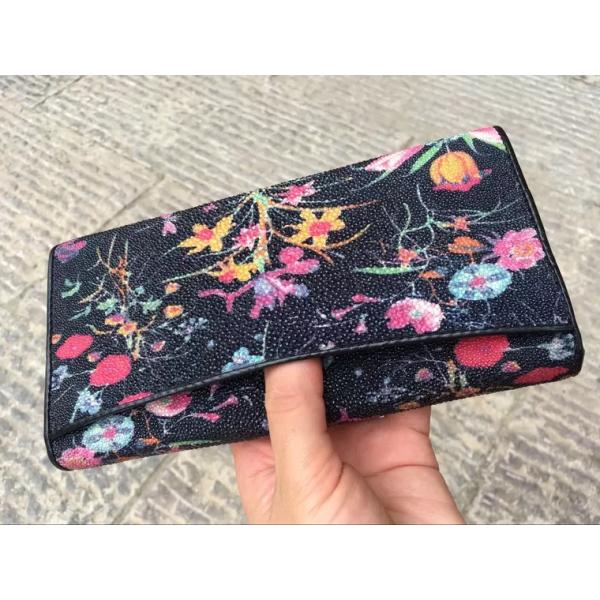 Authentic Stingray Skin Female Long  Flower Trifold Wallet Genuine Leather Lady Large Clutch Bag Women Floral Coin Purse
