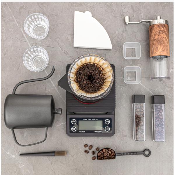 Stainless Steel Manual Drip Coffee Maker Set for Outdoor Includes Grinder and Waterproof Pot