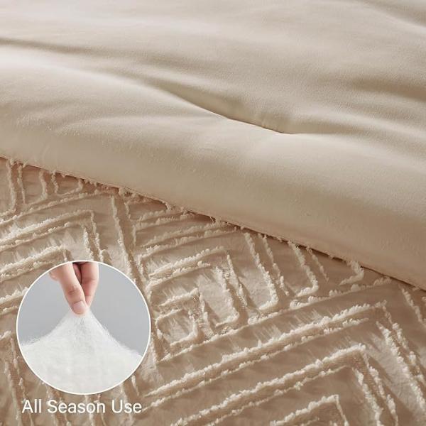 Juego de edredón con mechones beige de 7 piezas para cama queen de microfibra