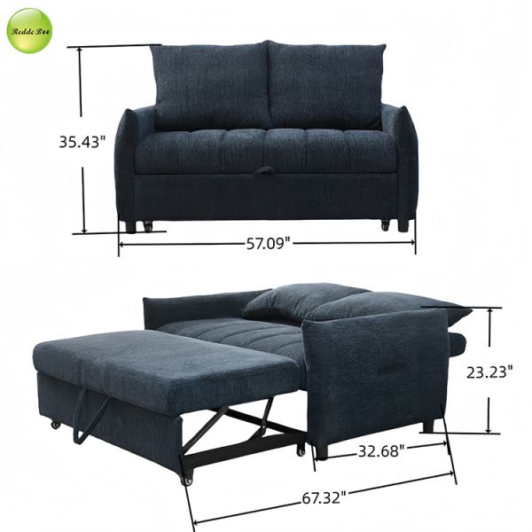 Modern Blue Fabric Pull Out Sofa Bed Space-Saving 2 Seater Living Room Sofa Convertible Sleeping Foldable Sofa Bed