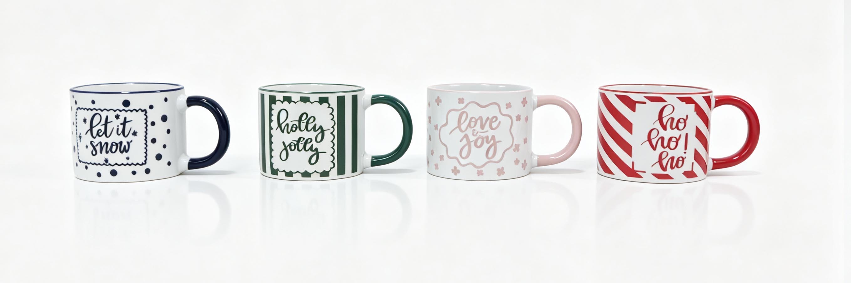 Christmas Quote Camp‑Style Ceramic Mug Set of 4, Festive Pattern Coffee Cups with Contrast Handle
