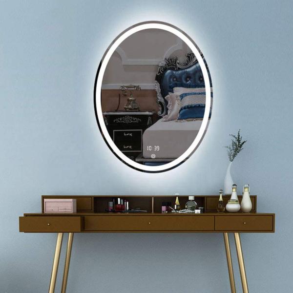 Front Lighted And Backlit Wall Mounted Round Silver Bathroom Mirror With Touch Screen