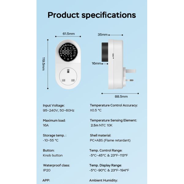 SIXWGH Smart Wi-Fi for Plug-in Thermostat 16A LED Screen APP/Voice Remote Control Heating Cooling NTC Sensor Home Aquarium