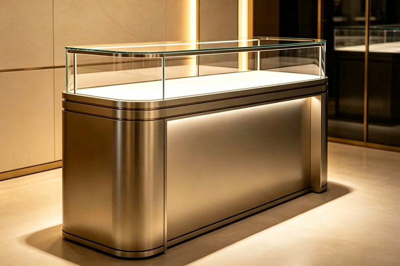 Custom Curved Tempered Glass Stainless Steel Jewelry Display Counter with Lockable Storage for Luxury Jewelry Stores