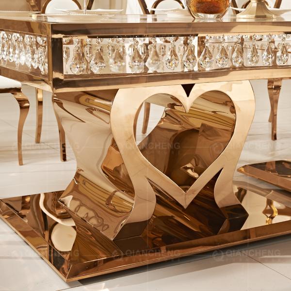 Rose Golden 244x122x75cm Glass Metal Dining Table With Crystal Pendant