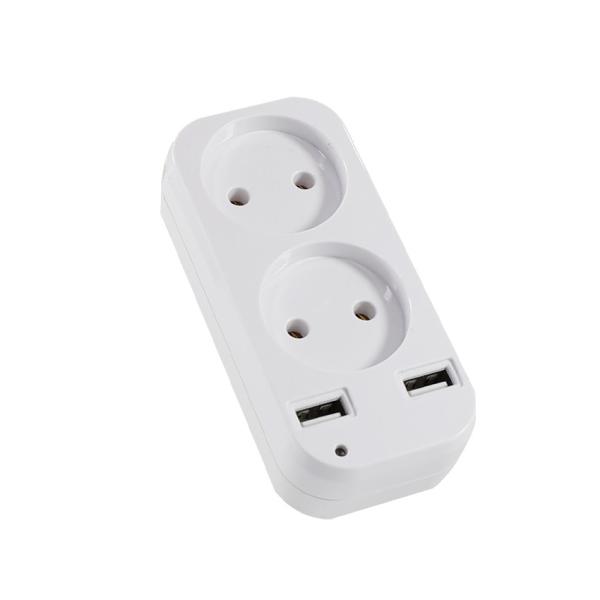 EU Dual Socket Wall Plug Adapter with 2 USB Ports 250V 10A
