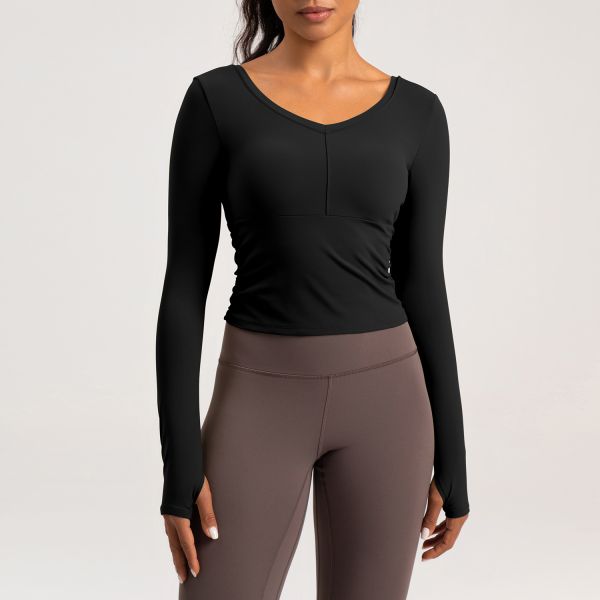 Long Sleeve V Neck Ruched Women Activewear Tops Light Purple Thumb Hole Cropped