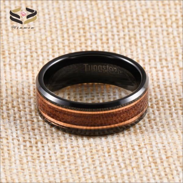 8mm Rose Gold Line and Rosewood Inlay Black Tungsten Carbide Men's Wedding Ring with Third Party Appraisal Certificate