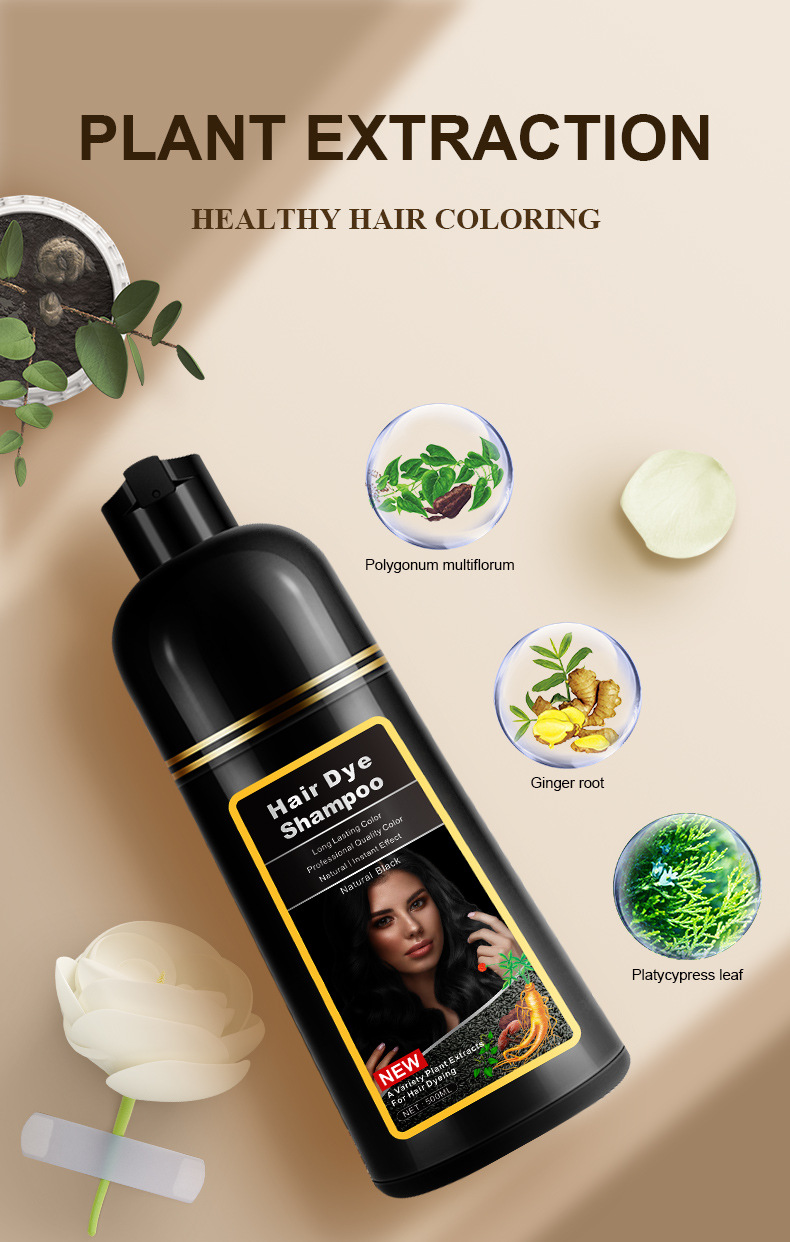 Shampoo colorant moussant à base de plantes 3 en 1 pour cheveux noirs