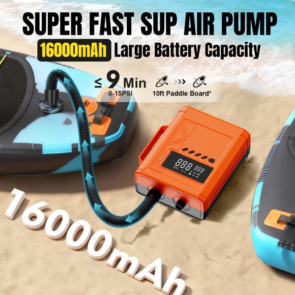 Paddle Board Electric Pump Portable Rechargeable SUP Air Pump, 16000mAh  capacity Inflation & Deflation, Auto-Off for Stand Up Paddle Boards, Boats, Kayaks and Tent