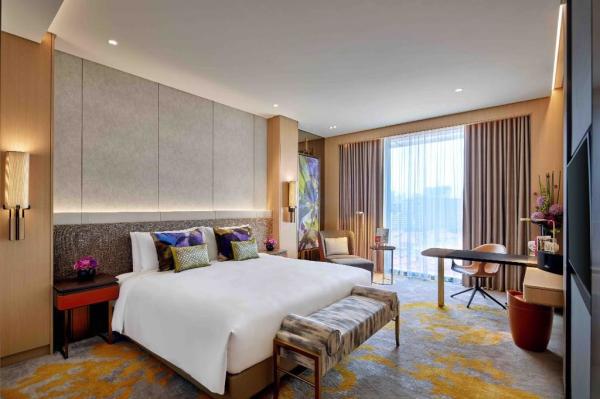 Modern laminate furniture for hotel room interior fitting with Desk and cabinets used Upholstered hotel bed