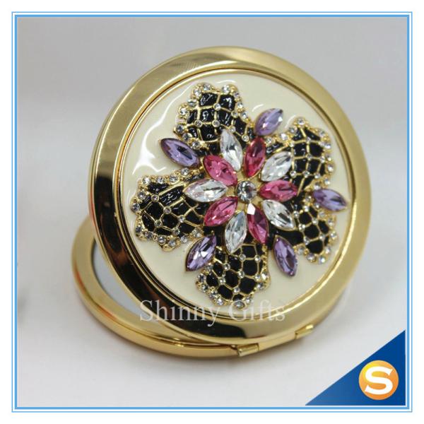 Shinny Gifts Luxury Rhinestone Flower Design Metal Compact Mirror Small Makeup Mirror For Girls Gift