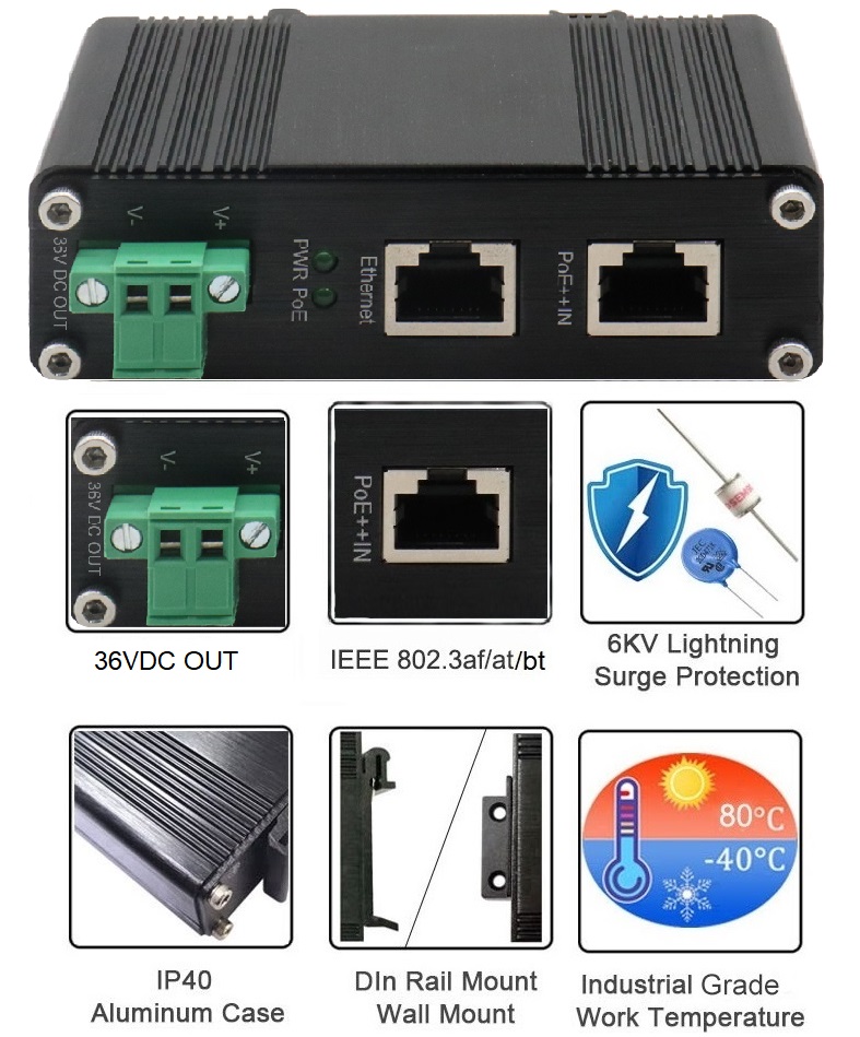 10 100 рельс Din выхода Splitter 70W 36VDC силы локальных сетей 1000Mbps 802.3bt PoE