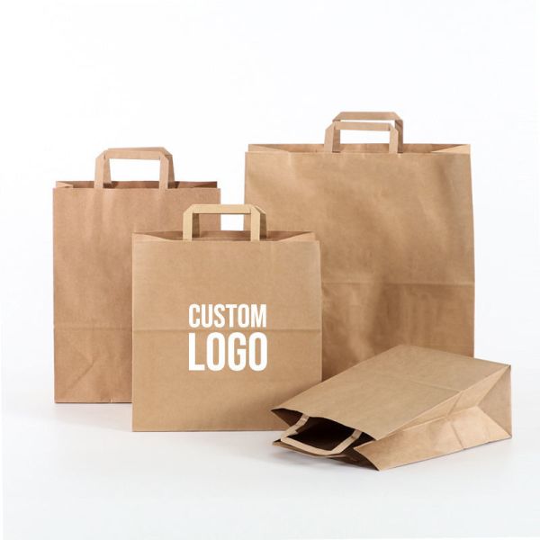 Custom Made Printed Brown Flat Handle Takeaway Fast Food Packaging Kraft Paper Bag Restaurant Carry Bag