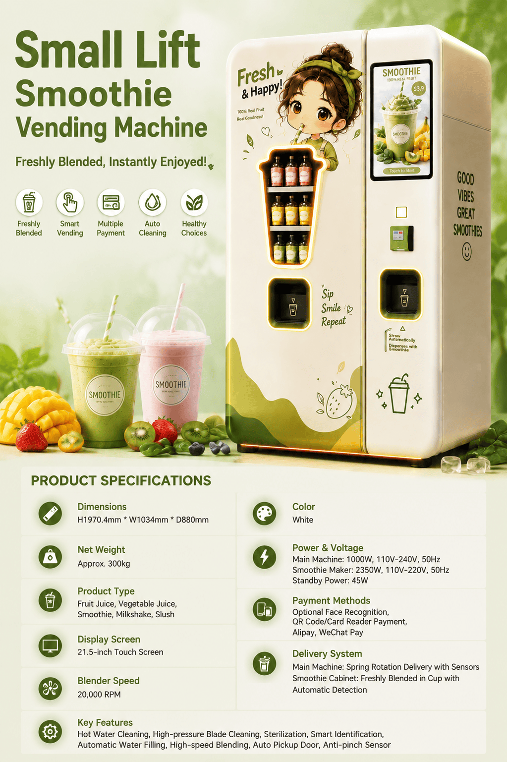 Small Fresh Smoothie Vending Machine with Automatic Blender, Smart Payment System, 21.5-Inch Touchscreen, Self-Cleaning Function for Healthy Beverage Retail Business