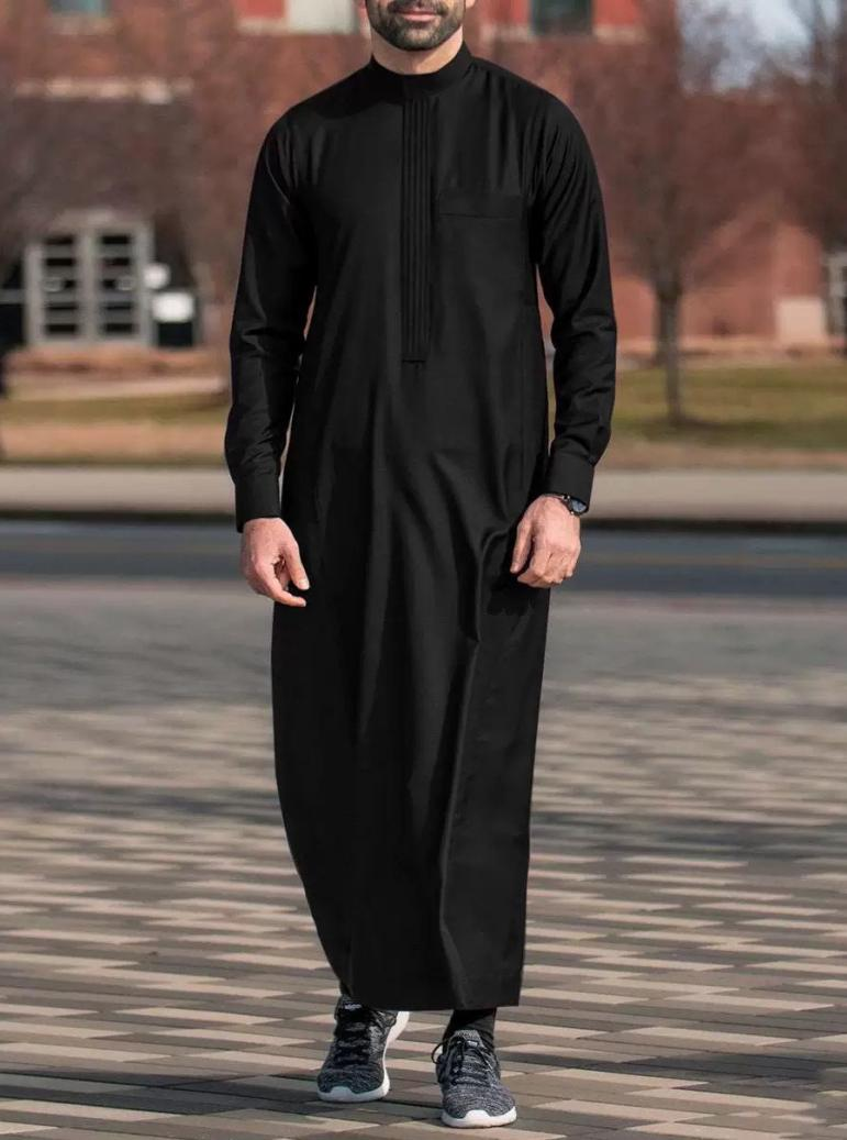 KM001 Middle Eastern Men's Embroidered Thobe / Jubba (Black With Gold Embroidery)