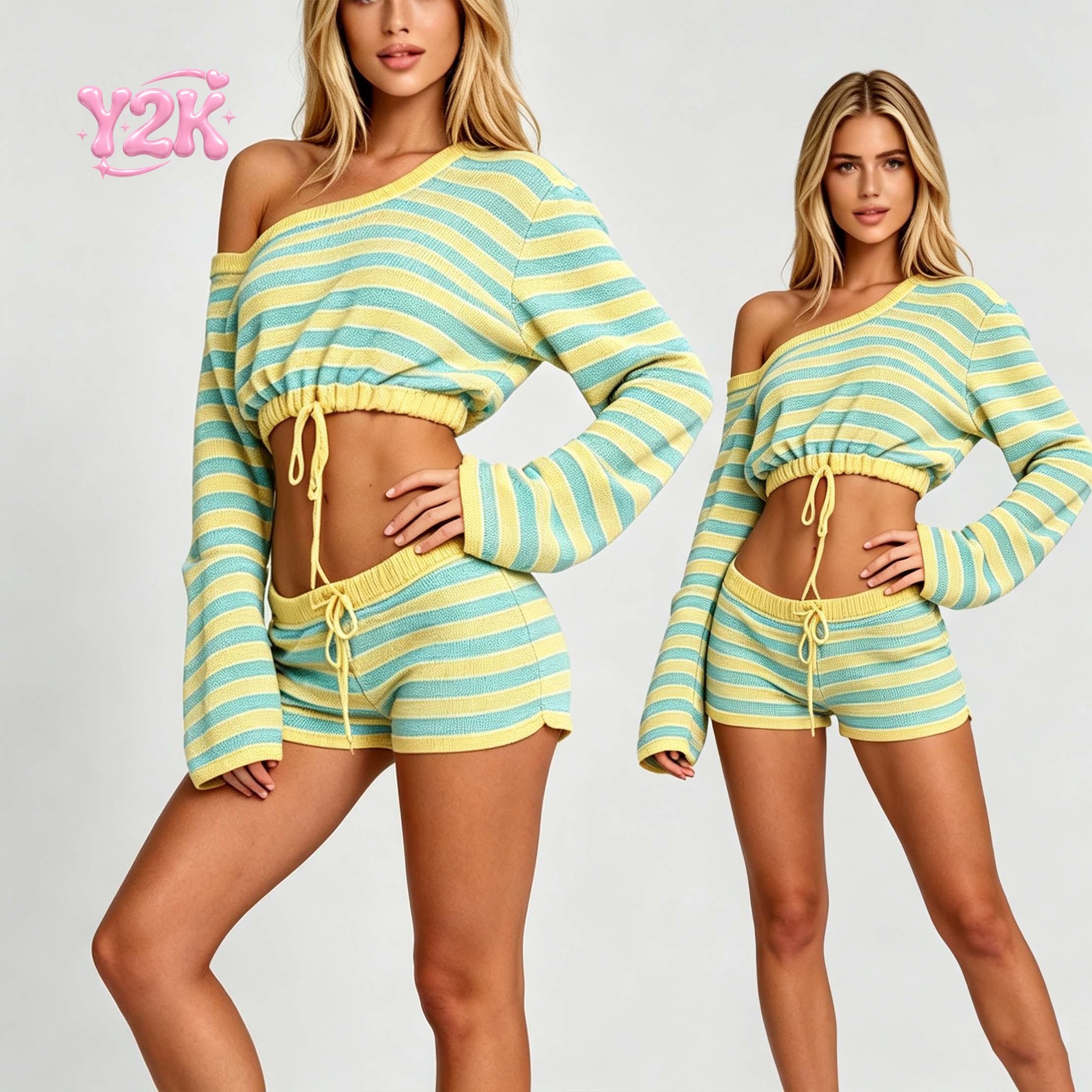 Custom Striped Knit Off Shoulder Long Sleeve Top & Shorts Set