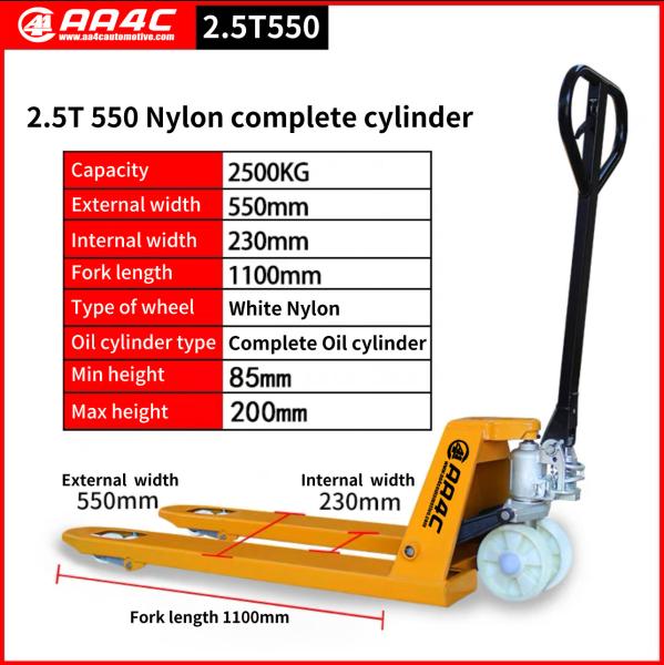 da mão hidráulica completa de nylon do caminhão de pálete da mão do cilindro da roda de 2.5T 550mm empilhador hidráulico