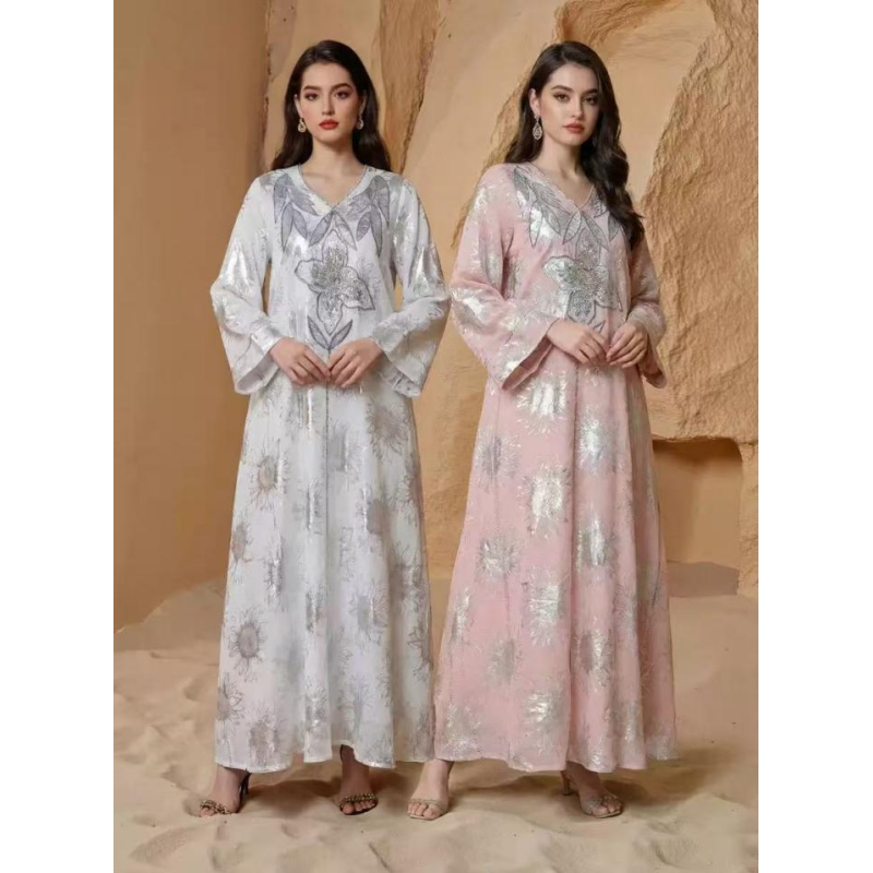 SMT182 Middle Eastern Modest Wear Silver Foil Floral Embellished V-Neck Maxi Robe