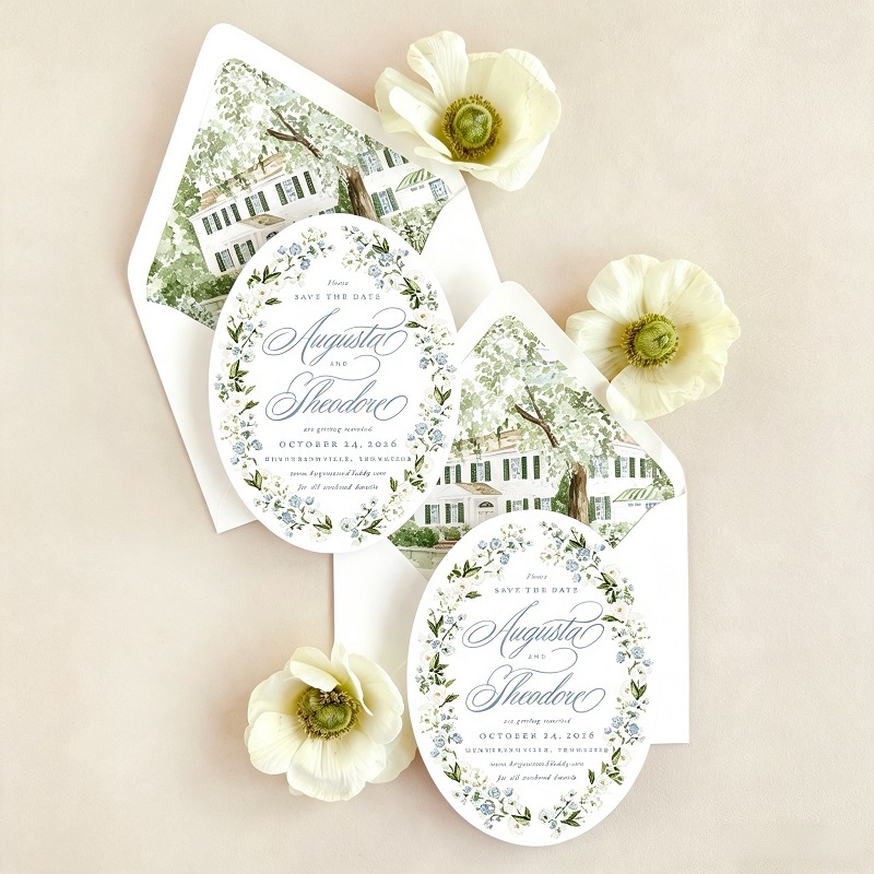 Watercolor Venue Illustration Wedding Invitation Cards Set For Luxury Events