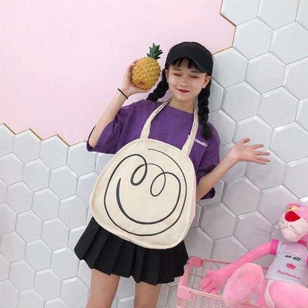 Spring / summer 2018 new Japanese smiley face printed canvas bag women shoulder bag art handbag