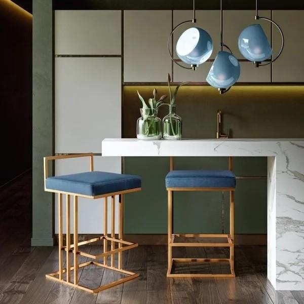 Modern brushed brass gold stainless steel counter stool velvet upholster barstool for cafe bar