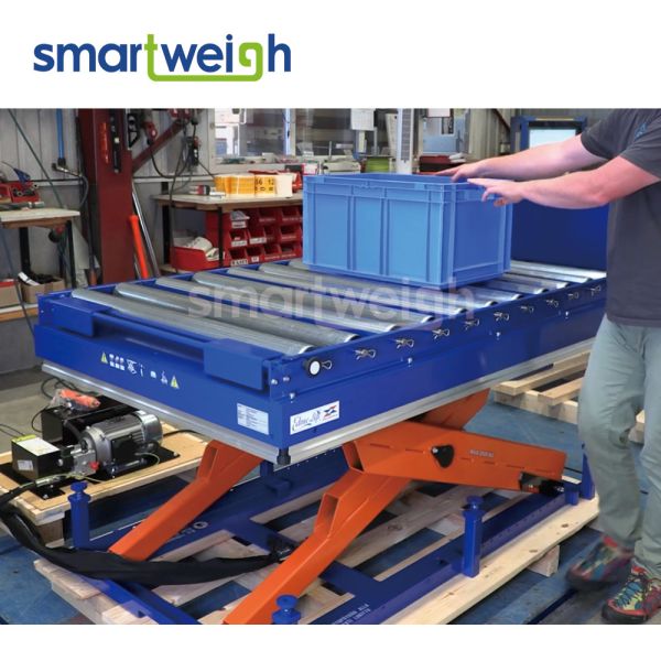 Heavy Duty Hydraulic Stationary Scissor Lift Platform With Weighing And Roller Conveyor Transfer System