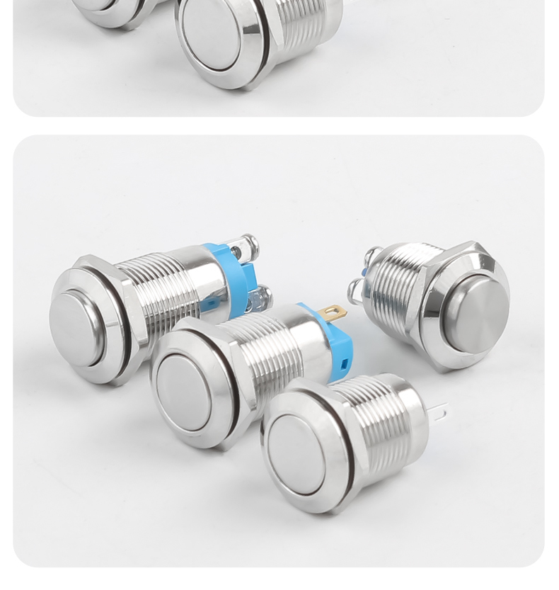 12mm Metal 2-Pin Push Button Switch, Self-Locking and Self-Resetting, Screw Terminals, Solder Pins, No Light, High Flat Head, Small Modding Button