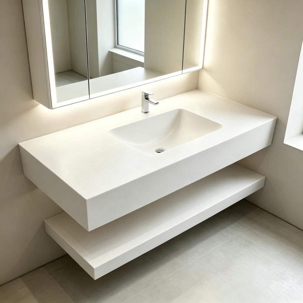 SOLID SURFACE INTEGRATED WALL HUNG VANITY SINK，SOLID SURFACE VANITY SINK, WALL HUNG INTEGRATED BATHROOM SINK, SEAMLESS ARTIFICIAL STONE BASIN,