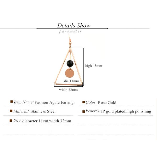 Black Agate Long Earrings, Triangle Design Staineless Steel Earring, 18K Gold Color Earring