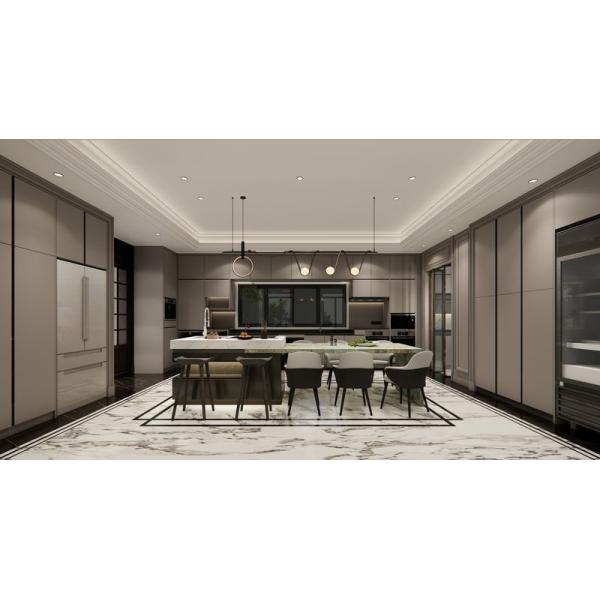 Cuisine en acier inoxydable de luxe en forme de U avec une île impressionnante