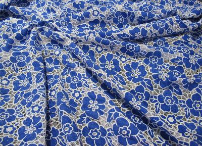 Knitted Cotton Polyester Lace Fabric Blue with Burnout Flower Lace(CY-DK0019)