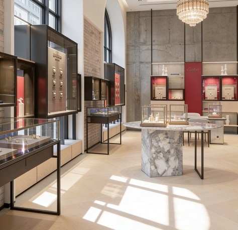 Luxury Jewelry Display Table | Calacatta Marble Top Aluminium Frame | Gold Glass Showcase Built-in LED Lights for Retail Stores