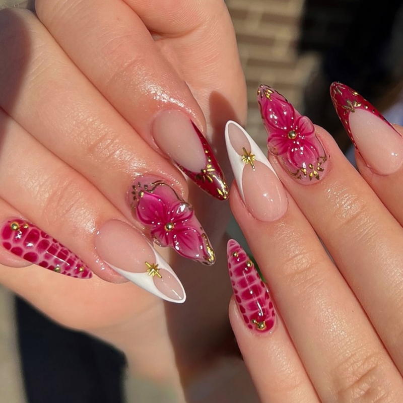 Flowers Design Pattern False Nails Private Label Almond Press On Nails