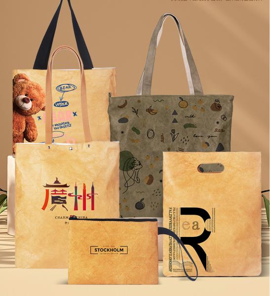 Recycle Untearable Durable Waterproof Eco-Friendly Punched Tote Tyvek Dupont Kraft Paper Shopping Handbag With Polyester Lining