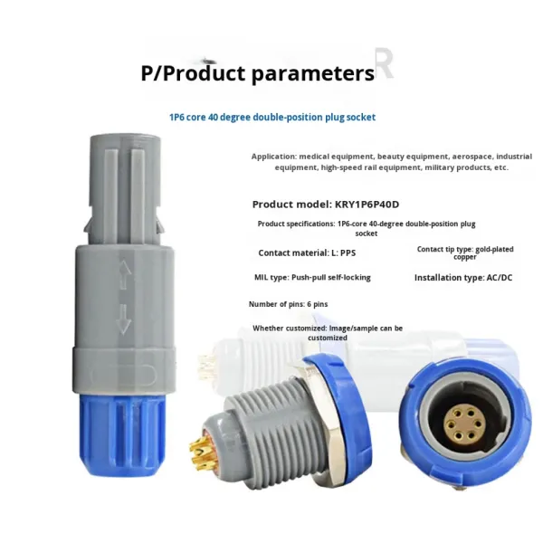 Monitor Blood Oxygen 6-Pin Double-Slot 40-Degree Circular Medical Waterproof Connector Plug Socket Gray/Blue 3-Year Shelf Life