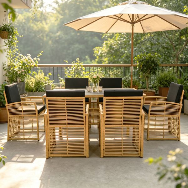 Factory 2027 Hot Sale Garden Dining Table and Chair Steel Frame Rattan Chairs and Poly Wooden Table